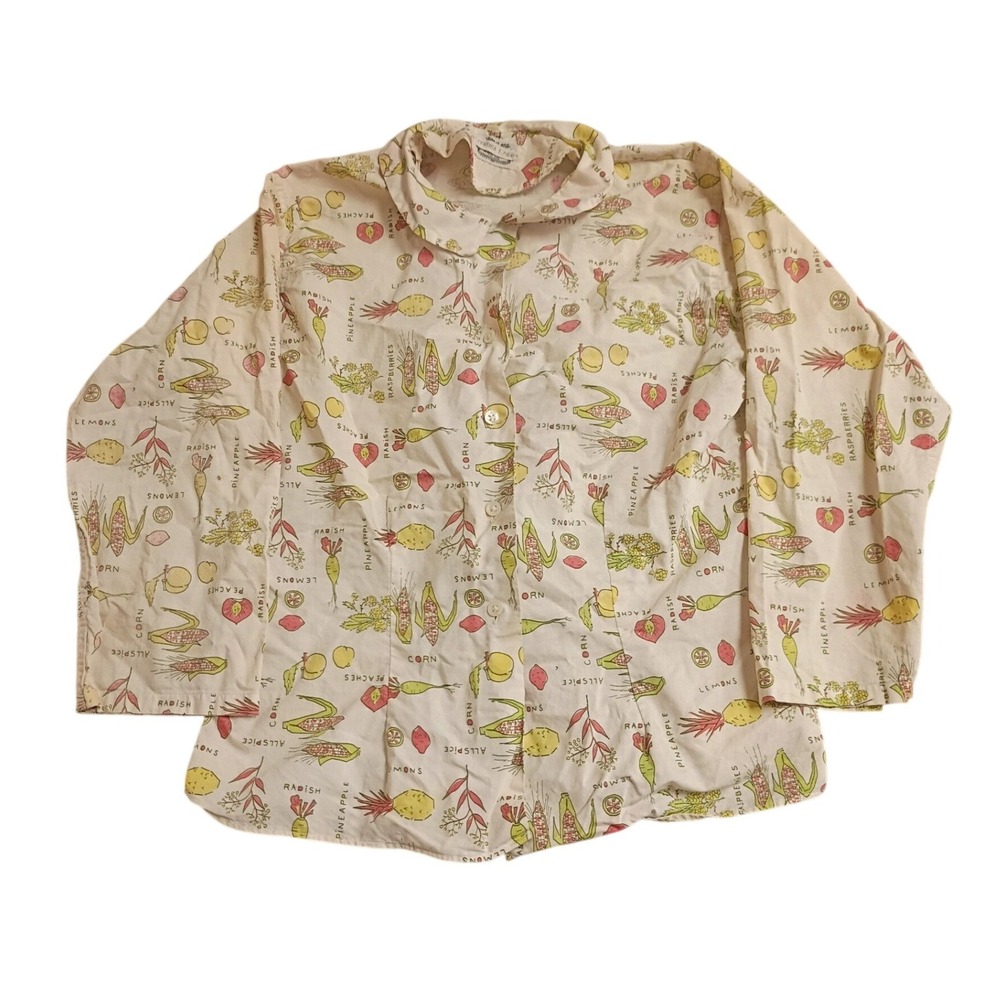 The Villager Button Front Blouse Womens M Cream Vegetable Print Vintage 60s 70s